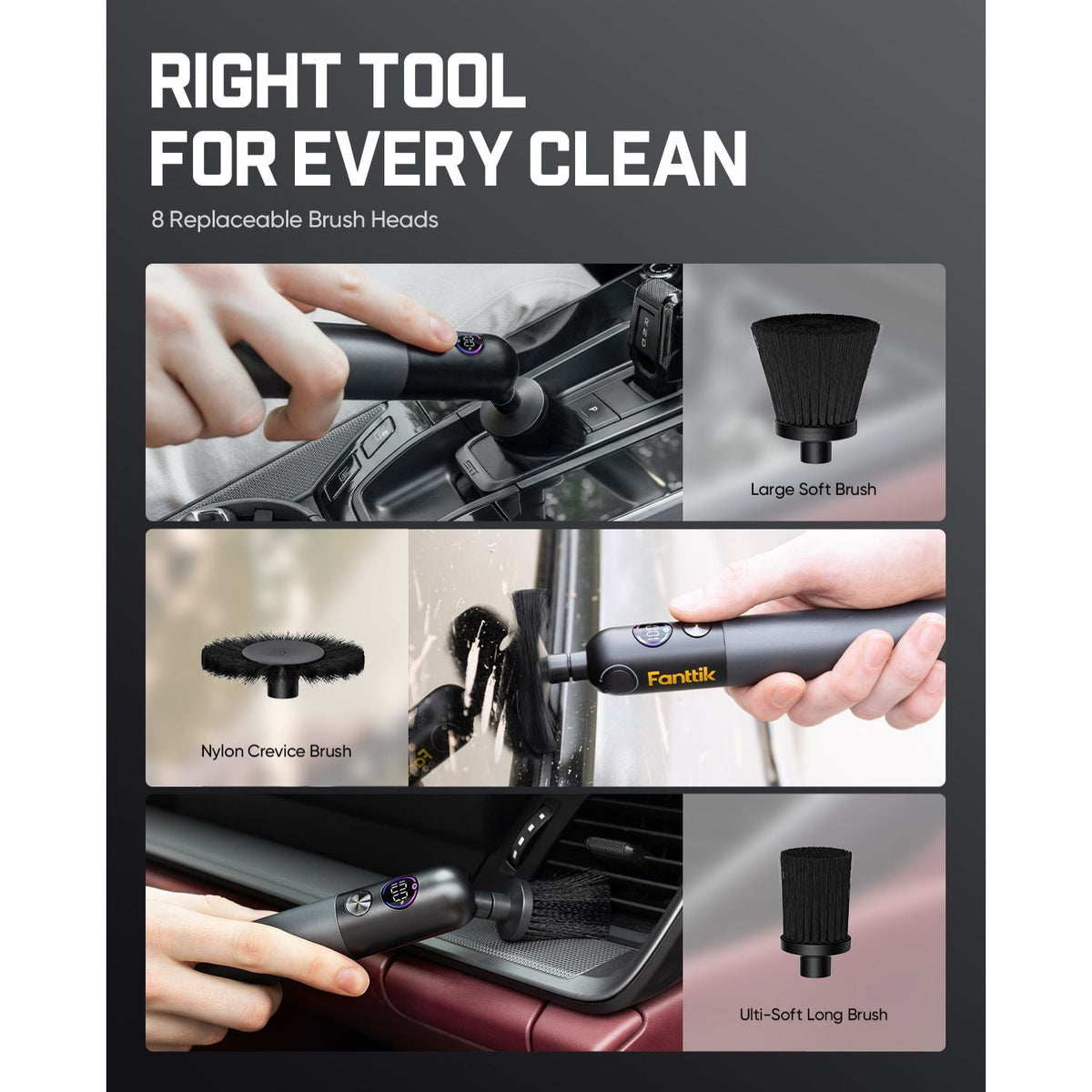 Fanttik Flip G10 Nano AutoCare Cordless Electric Scrubber, Dual-Speed with 8 Brush Heads, Adjustable Angle & Smart Display, IPX7 Waterproof for Deep Car Cleaning