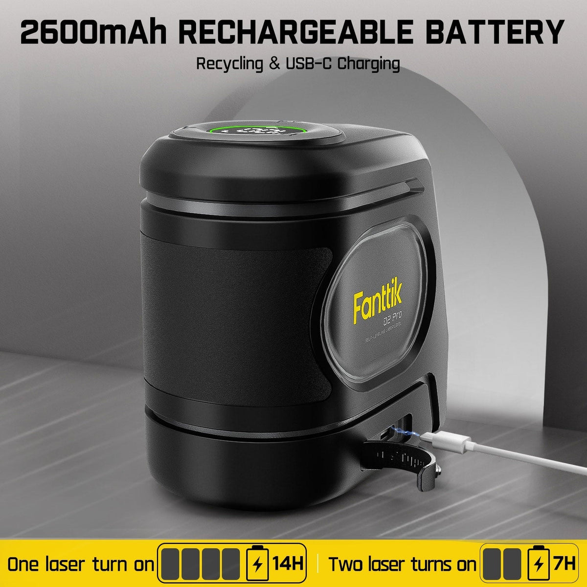 Fanttik D2 PRO laser level: 2600mAh rechargeable battery, 14H (1 laser), 7H (2 lasers), USB-C charging.