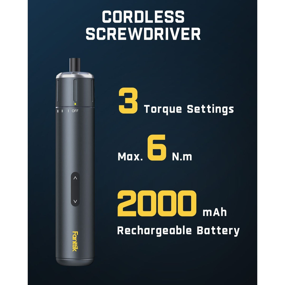 Fanttik S1 NEX Studio cordless screwdriver: 3 torque settings, max 6 Nm, 2000 mAh rechargeable battery.