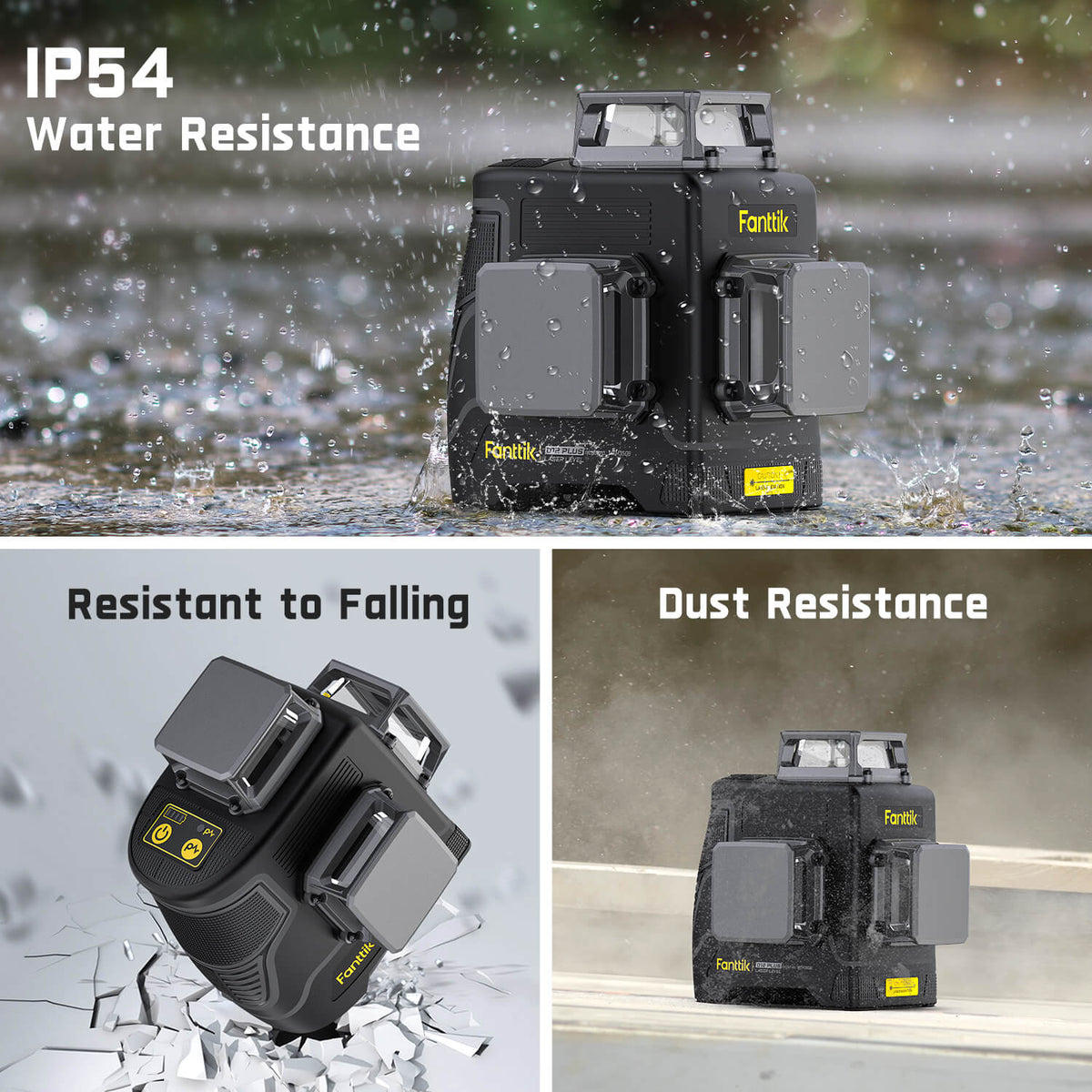 Fanttik D12 PLUS laser level with IP54 water resistance, dust resistance, and drop resistance features.