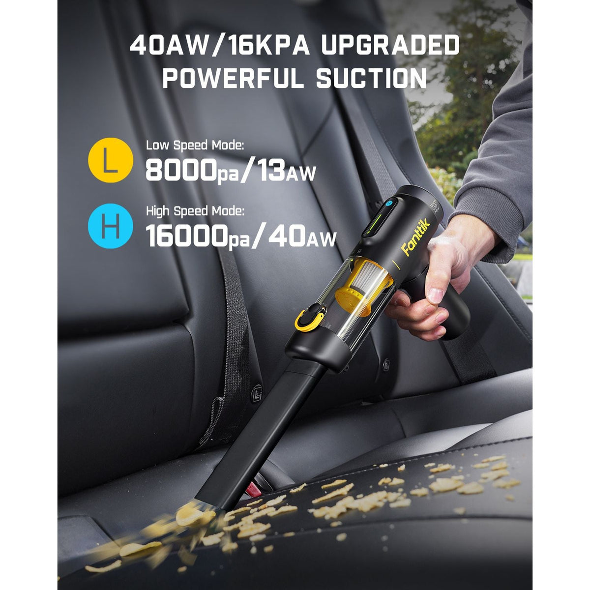 Fanttik Slim V10 Mix car vacuum demonstrating powerful suction on car seats, highlighting 16000Pa/40AW high-speed mode.