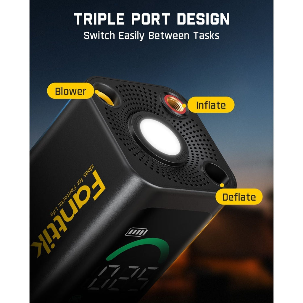 Fanttik X10 Cross tire inflator: triple port design for Blower, Inflate, Deflate. Features LED light & digital display.
