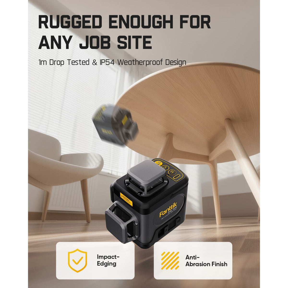 Fanttik D12 Ace laser level, rugged, 1m drop tested, IP54 weatherproof, impact-edging, anti-abrasion finish