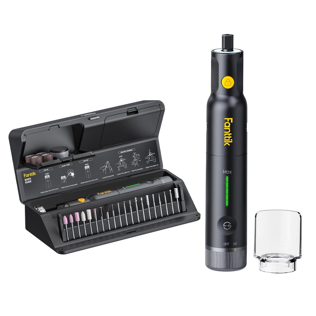 Fanttik F2 Pro cordless rotary tool kit with bits, black storage case, and battery pack