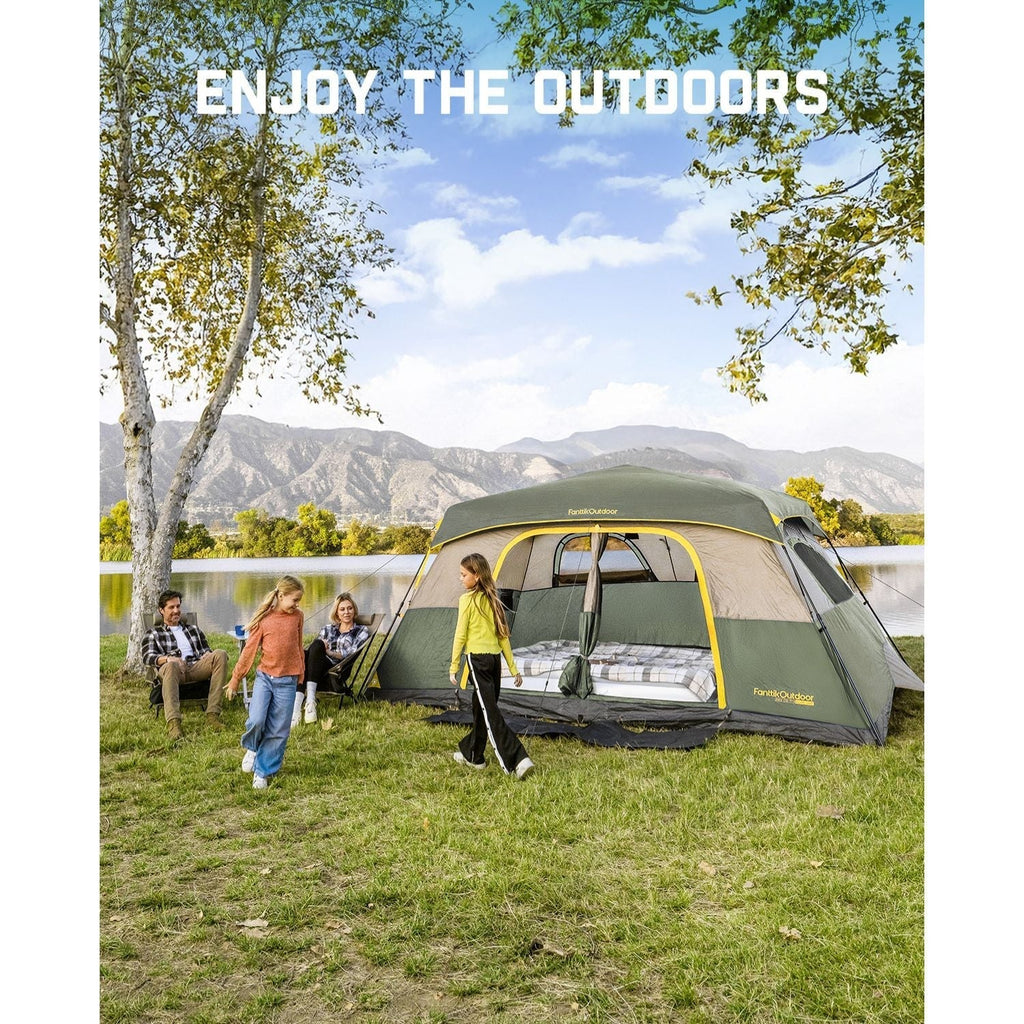 FanttikOutdoor Zeta C10 Pro camping tent set up by a lake with a family enjoying the outdoors.