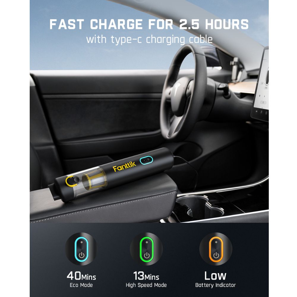 Fanttik Slim V8 Apex car vacuum shows 40 min Eco Mode, 13 min High Speed Mode, and Type-C fast charging.