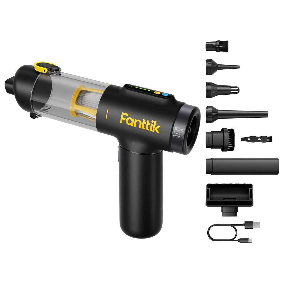 Fanttik Slim V10 Mix cordless car vacuum with multiple attachments and USB-C charging cable