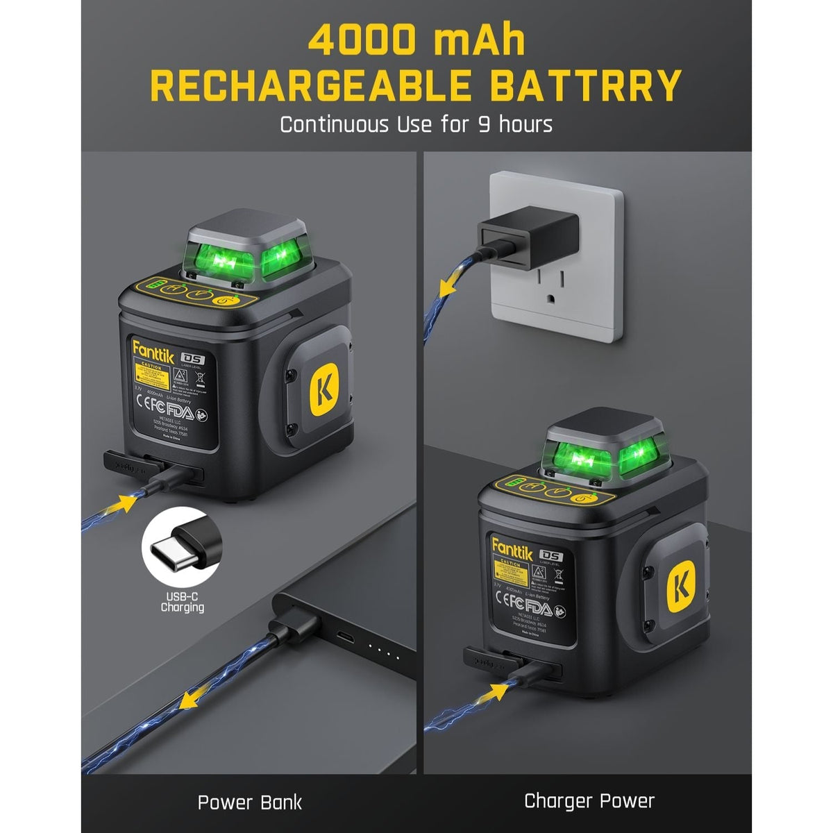 Fanttik D5 laser level charging via USB-C to power bank and wall charger, with 4000 mAh battery for 9 hours of use.