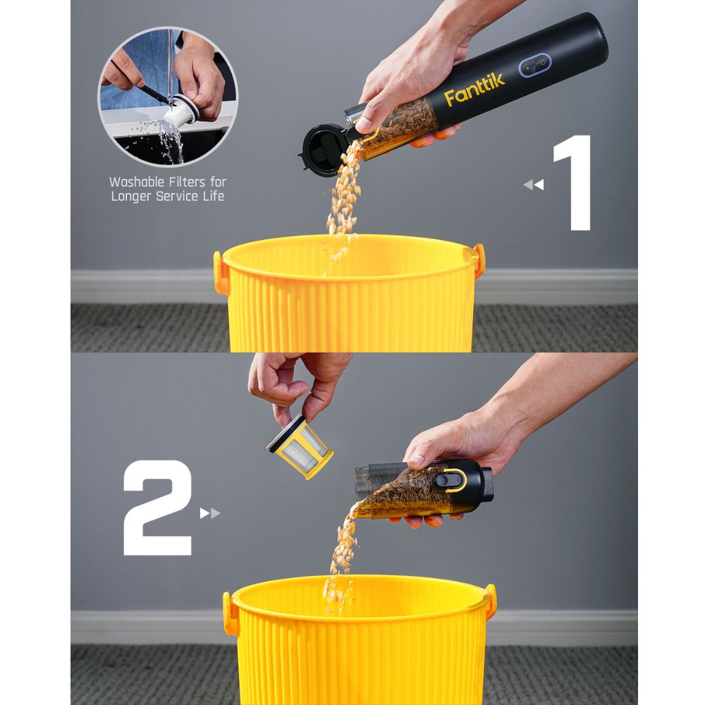Fanttik V8 Apex car vacuum maintenance: cleaning washable filter and emptying dustbin.