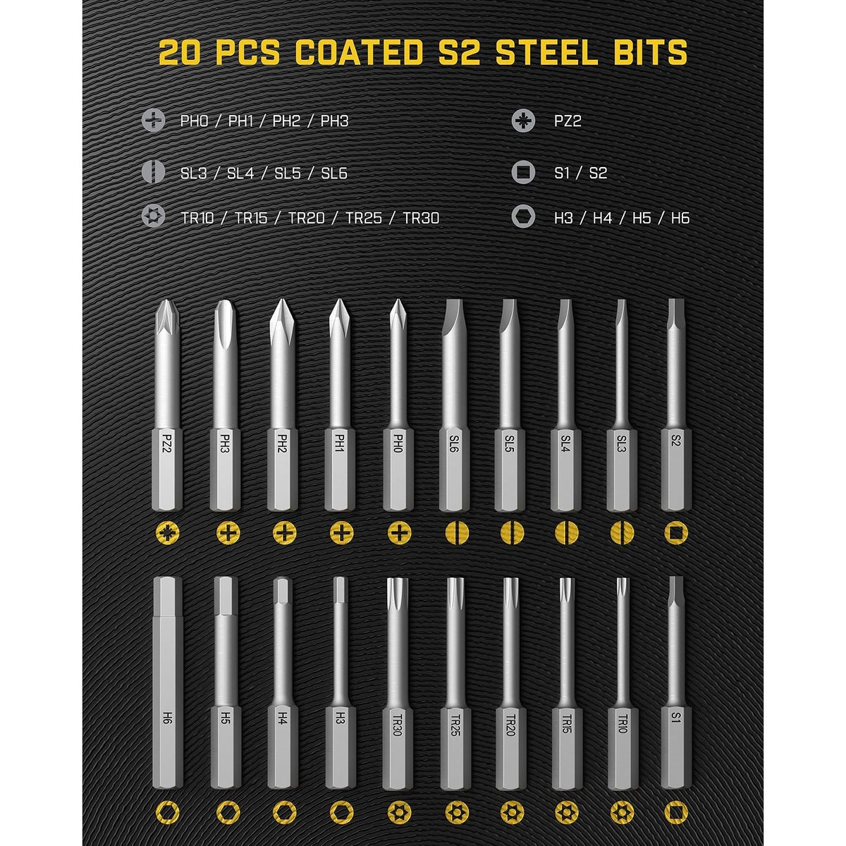 Fanttik Fold S1 APEX Cordless Screwdriver 20 coated S2 steel bits set with PH, SL, TR, PZ, S, and H types