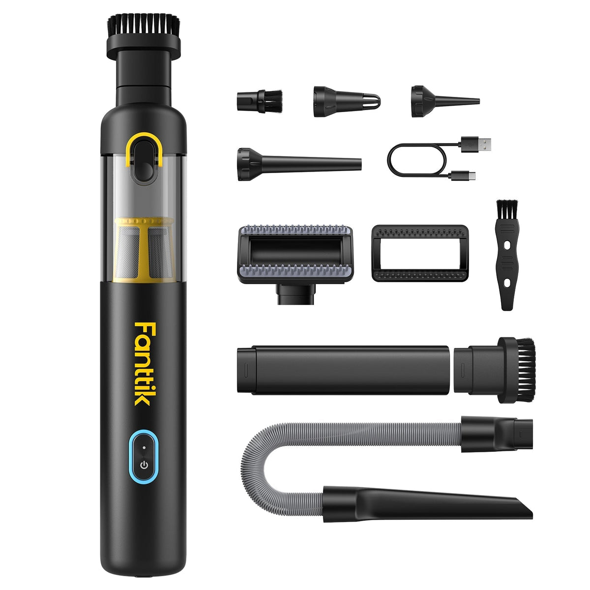 Fanttik Slim V8 Apex car vacuum with 10 accessories: nozzles, brushes, hose, and USB-C cable.