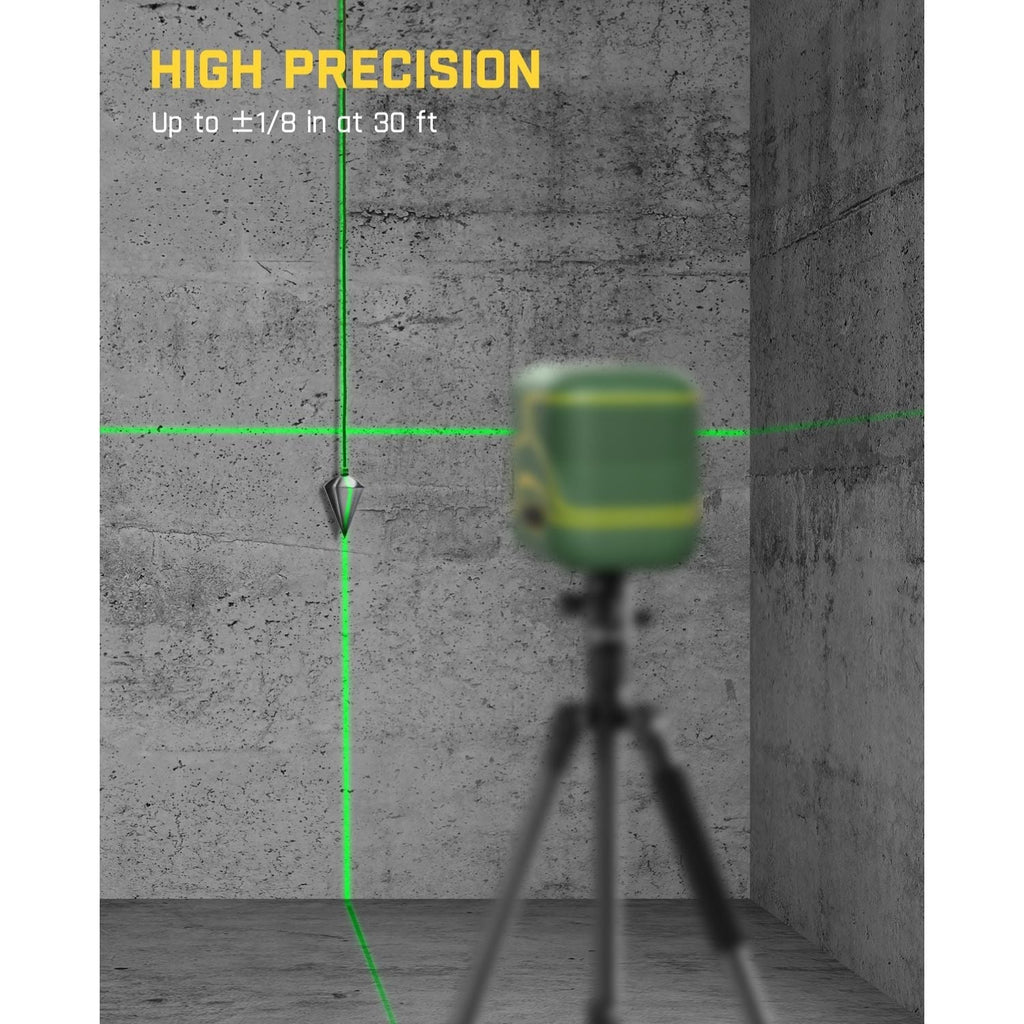 Fanttik D2 laser level with green lines, showing high precision (±1/8 in at 30 ft) on concrete wall.