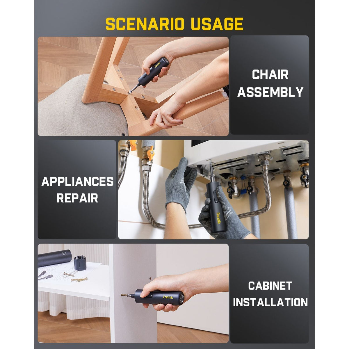 Fanttik S1 Capsule Deluxe cordless screwdriver used for chair assembly, appliance repair, and cabinet installation.