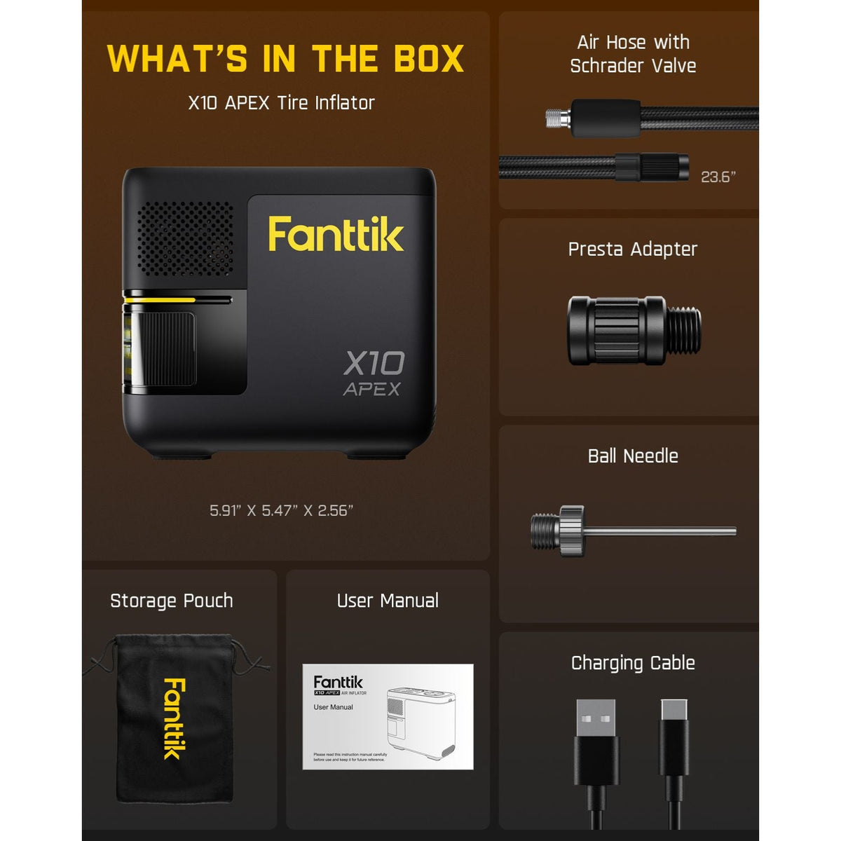 Fanttik X10 APEX tire inflator with air hose, Presta adapter, ball needle, charging cable, pouch, and manual.