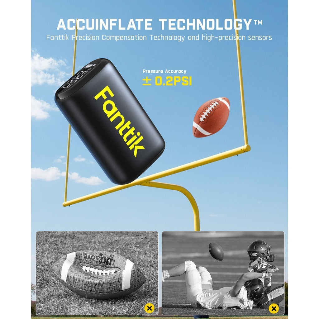 Fanttik X9 Nano Electric Ball Pump with 'Accuinflate Technology', '± 0.2PSI' accuracy, and football imagery.