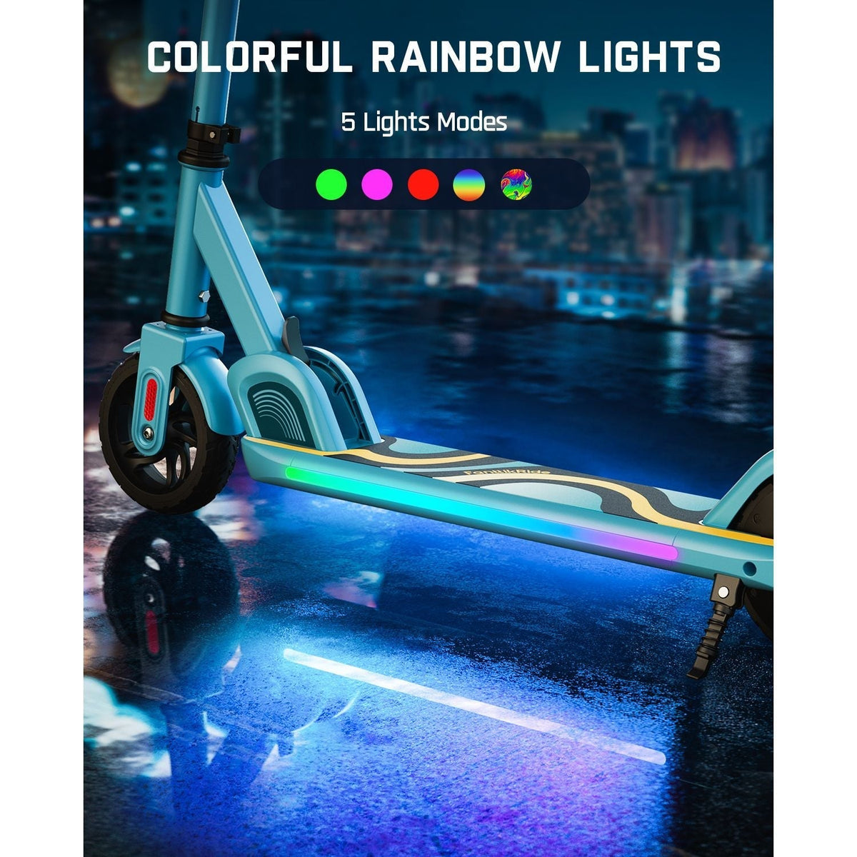 Blue FanttikRide C9 Pro kids electric scooter with colorful rainbow LED lights on deck and 5 light modes.