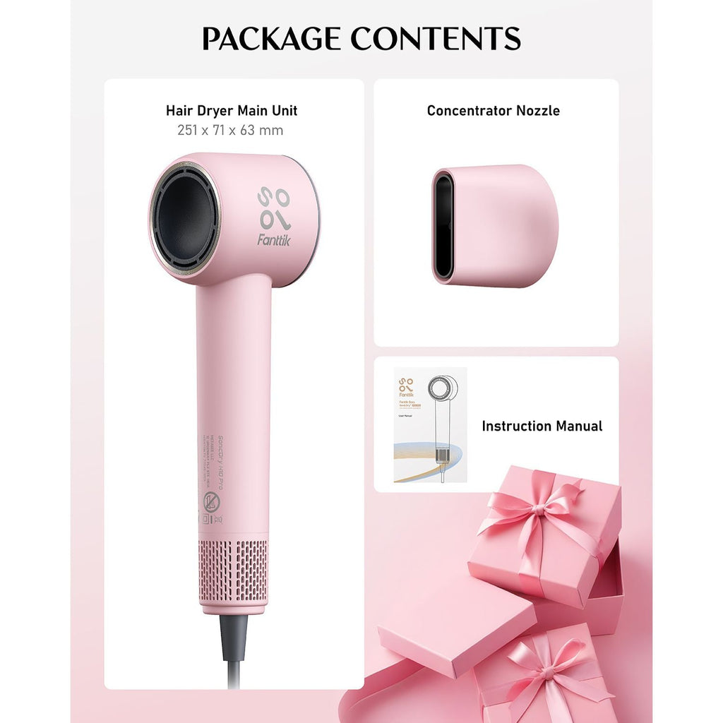 FanttikSolo SonicDry H10 PRO Hair Dryer package contents: pink dryer, concentrator nozzle, manual, and gift boxes.