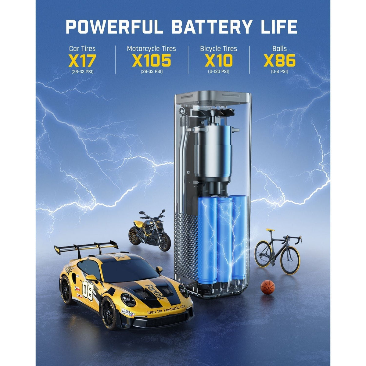 Fanttik X8 APEX tire inflator shows powerful battery life for car, motorcycle, bike tires & balls.