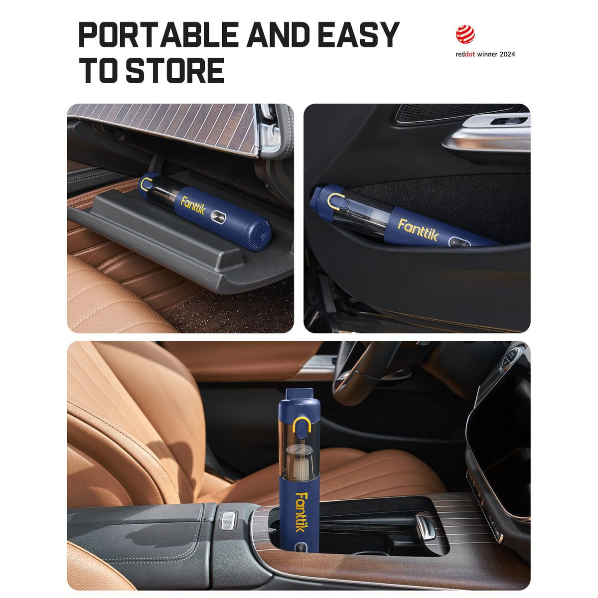 Fanttik V8 Mate cordless car vacuum stored in a car door pocket and console