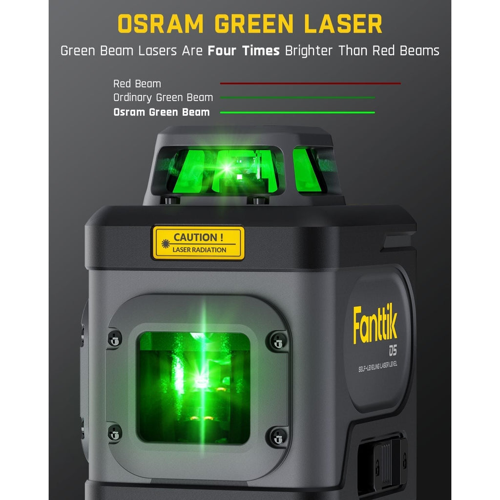 Fanttik D5 laser level with bright green Osram laser beams, emphasizing its superior brightness to red beams.