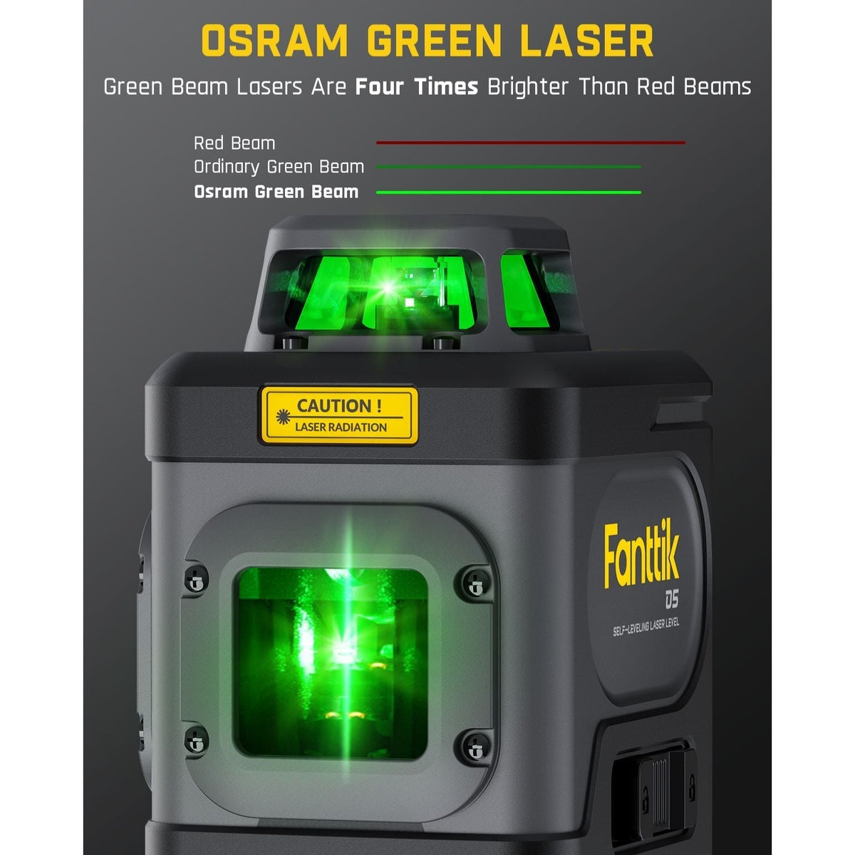 Fanttik D5 laser level with bright green Osram laser beams, emphasizing its superior brightness to red beams.