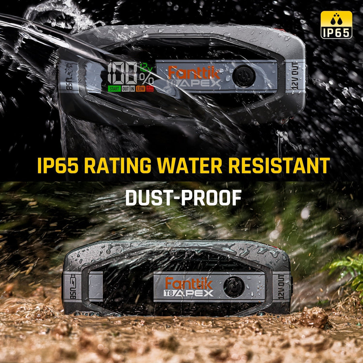 Fanttik T8 APEX jump starter, IP65 water resistant and dust-proof, with digital display showing 100% battery.