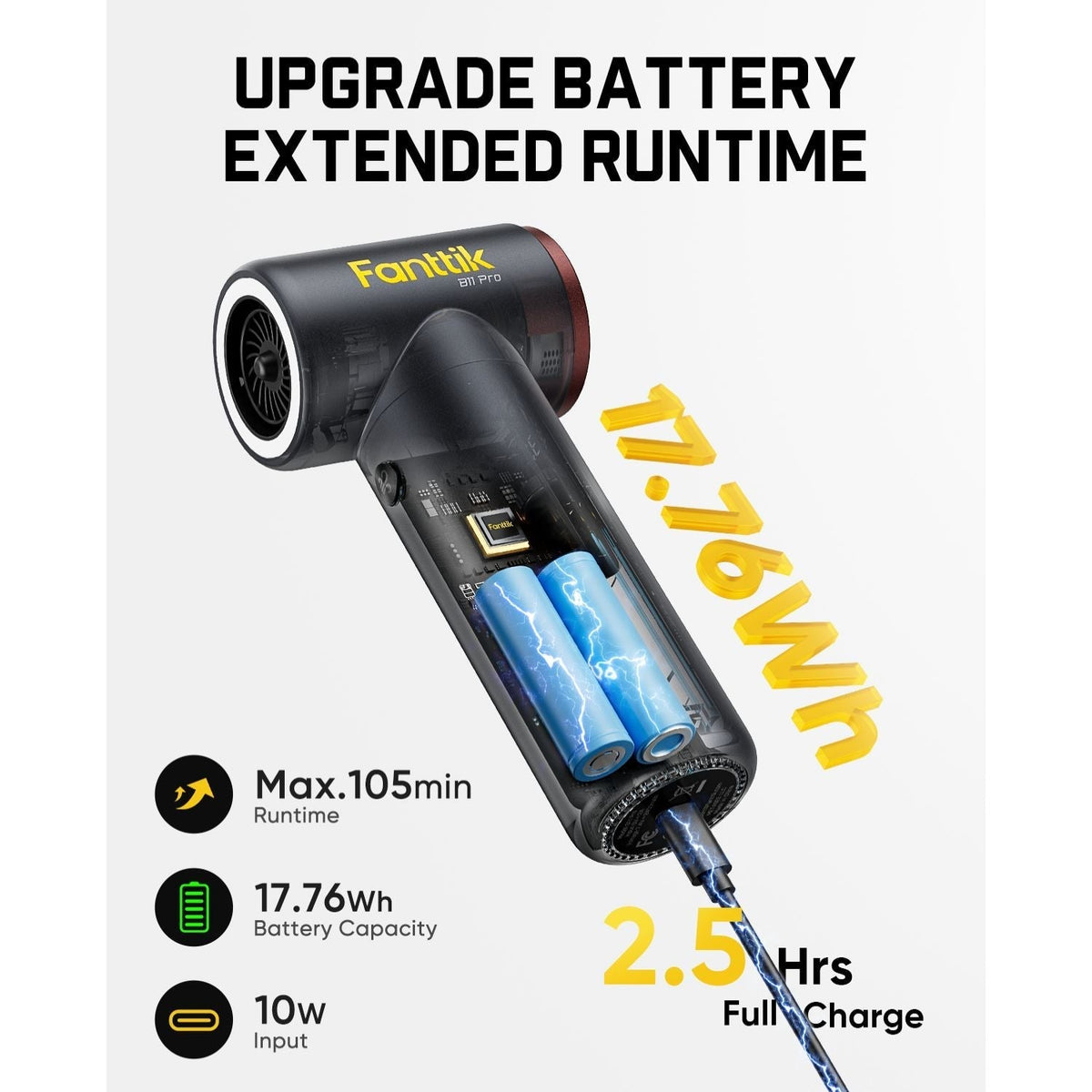 A handheld air duster with its battery compartment open, showing blue batteries inside. Large text reads 'Upgrade Battery Extended Runtime' with '17.