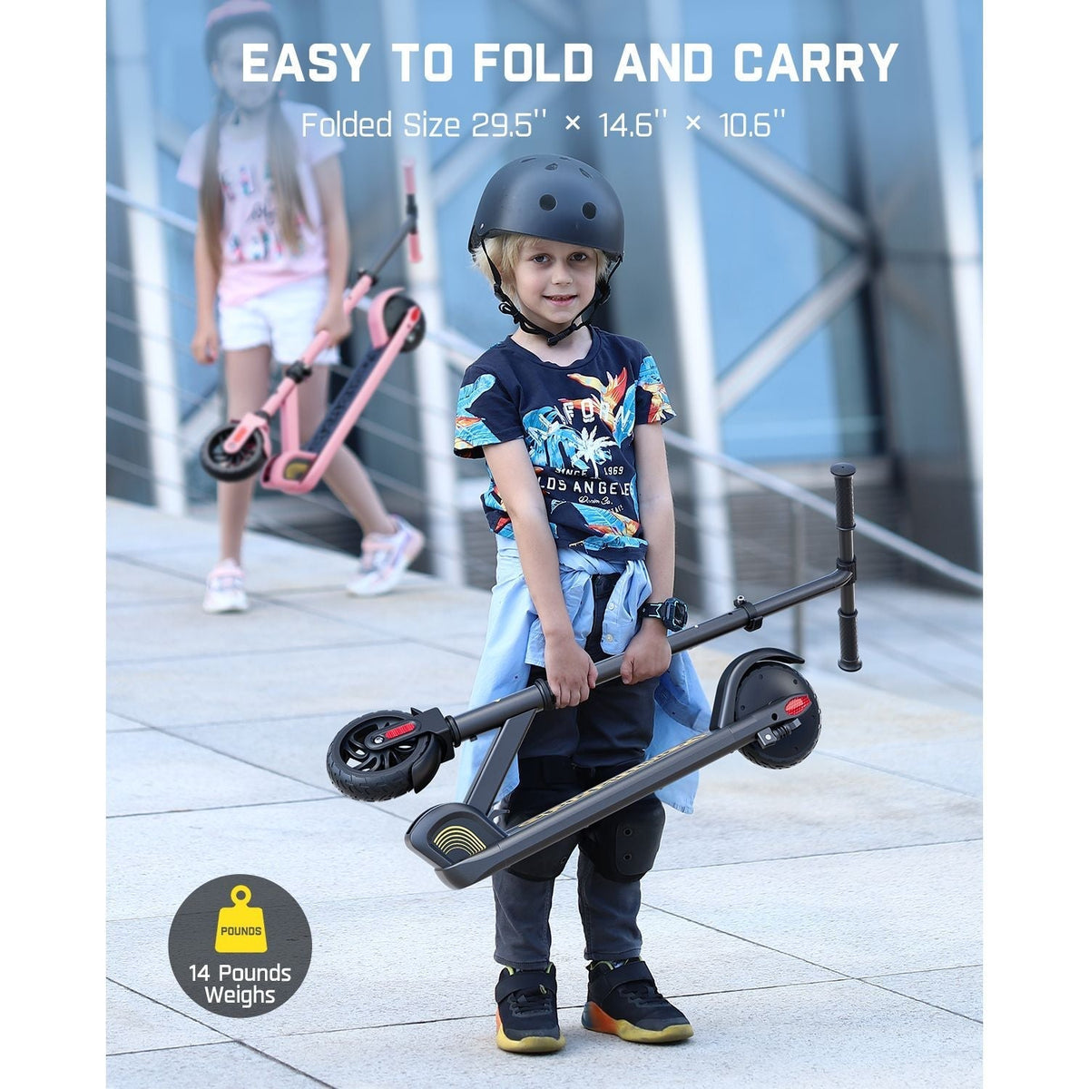 Boy holding folded FanttikRide C9 electric scooter, easy to fold and carry, 14 lbs weight.