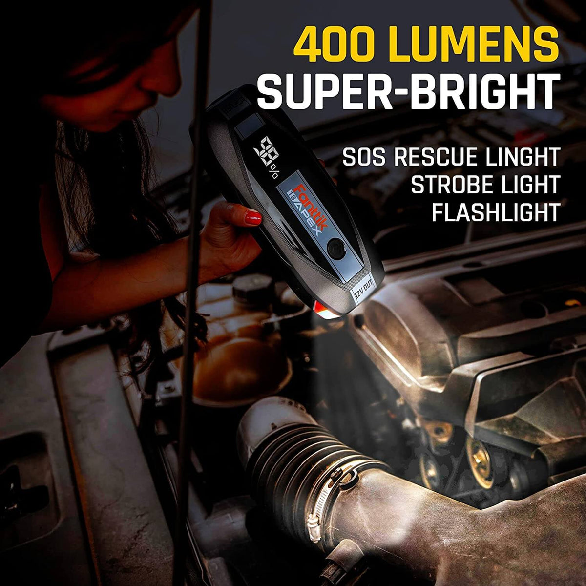 Fanttik T8 APEX Jump Starter with 400 lumens super-bright flashlight, SOS and strobe functions, 98% battery display.