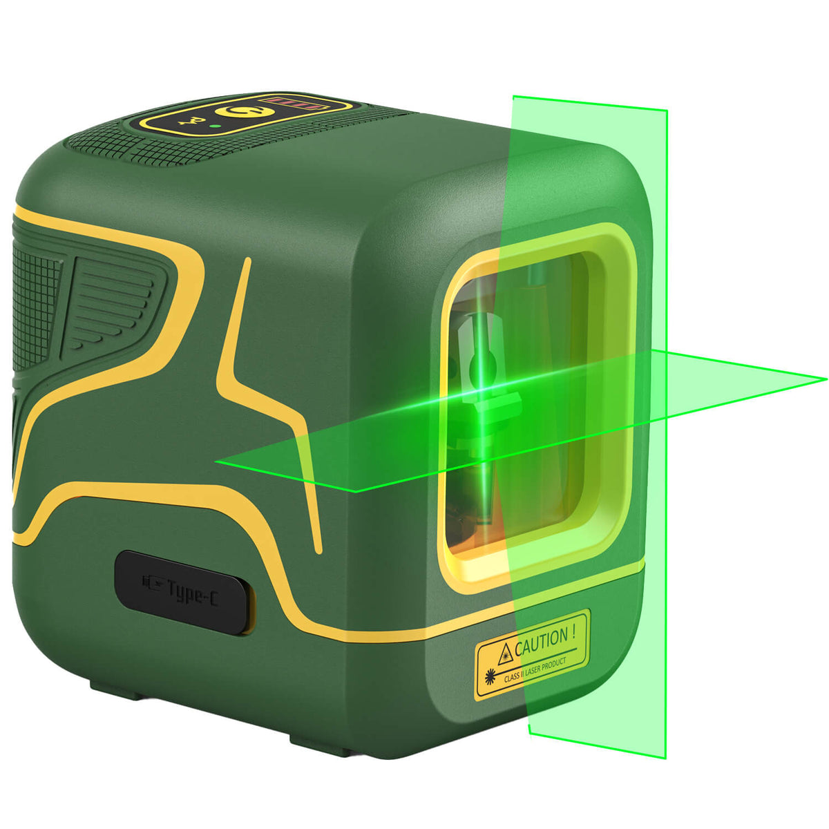 Fanttik D2 green cross line laser level with bright green laser projections and Type-C charging indicator.