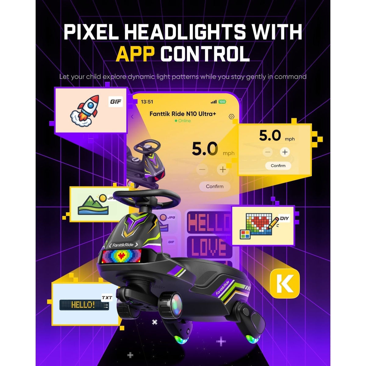 A black toy ride-on vehicle with glowing multicolor LED accents and a steering wheel, shown in a promotional graphic with app control panels and the headline 'PIXEL HEADLIGHTS WITH APP CONTROL'.