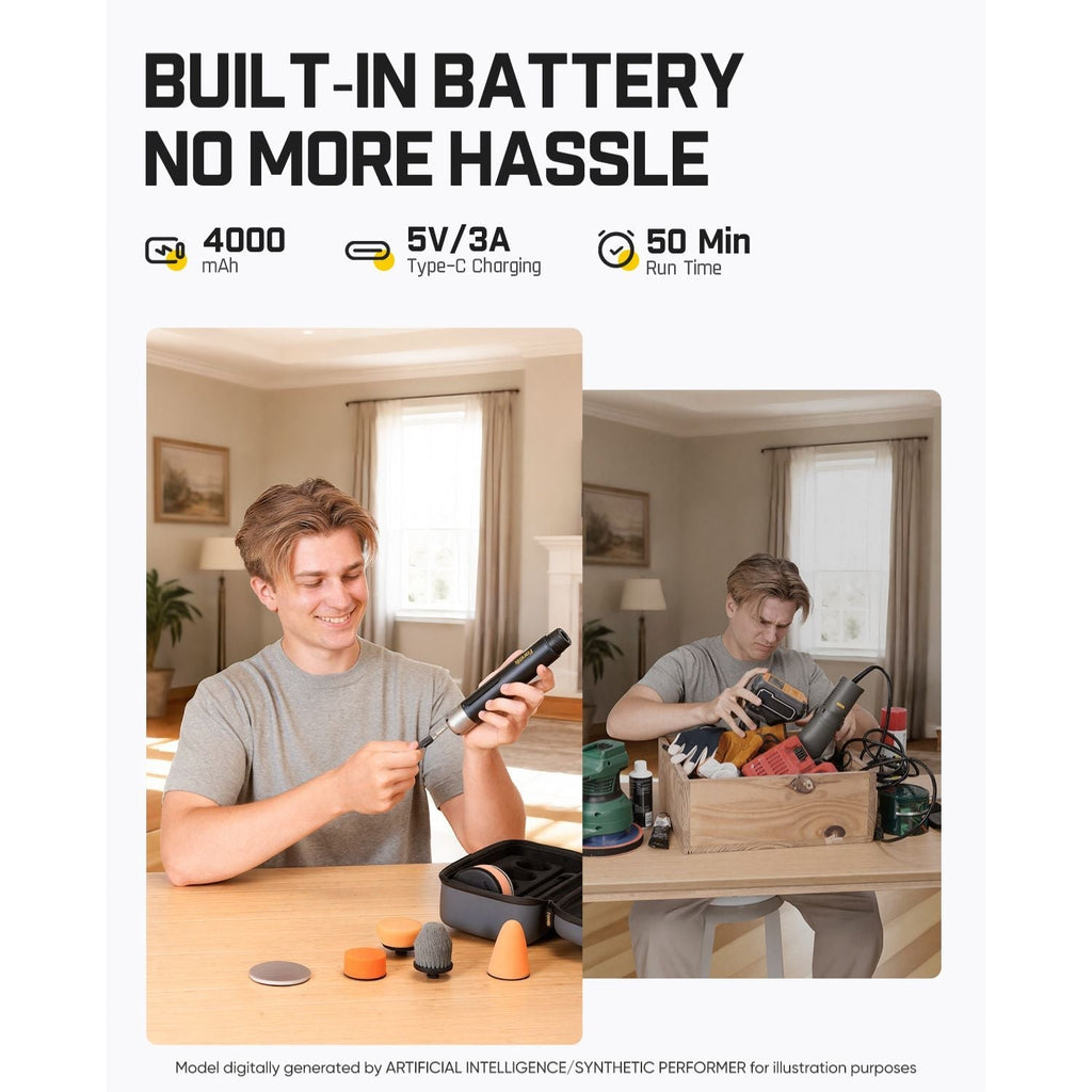 Person using a Fanttik P10 Pro Mini Car Buffer Polisher with text about built-in battery and charging details.