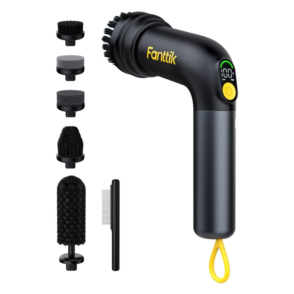 Fanttik G9 Handy electric spin scrubber with 5 interchangeable brush heads, featuring LED display and dual speed settings.