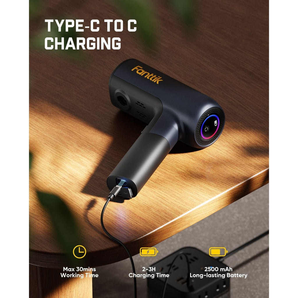 Pressure washer with Type-C charging cable on a wooden surface, featuring Fornttik branding.