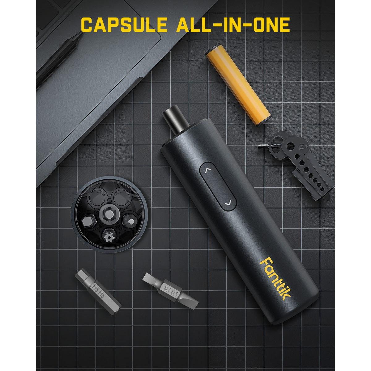 Fanttik S1 Capsule cordless screwdriver set with bits and multi-tool, featuring 'CAPSULE ALL-IN-ONE' text.