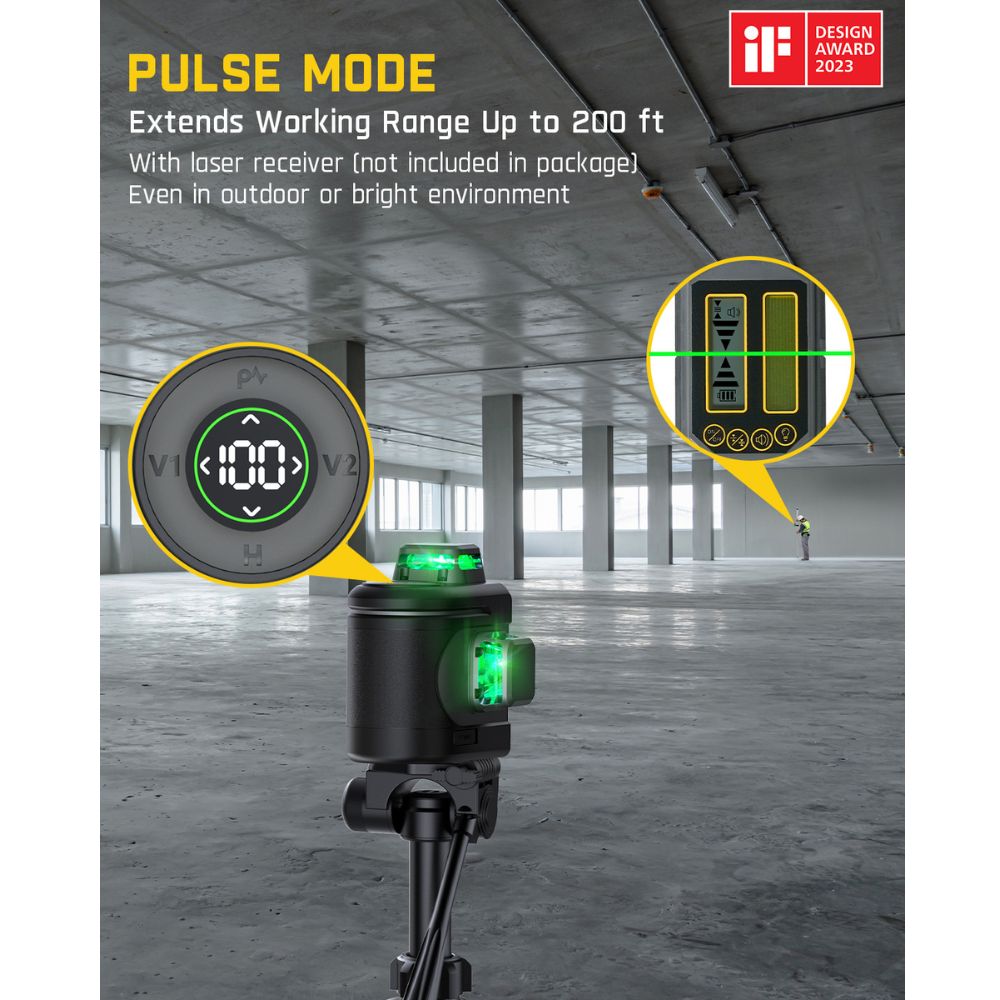 Fanttik D12 PRO laser level with green lines, digital display, and pulse mode for 200ft outdoor range.