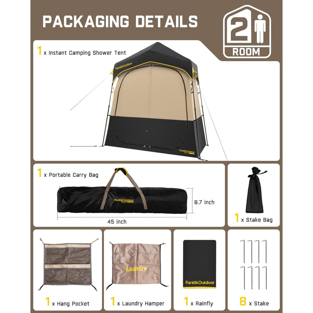 FanttikOutdoor Zeta A2 Pro shower tent. Includes 2-room tent, carry bag, hang pocket, laundry hamper, rainfly & 8 stakes.