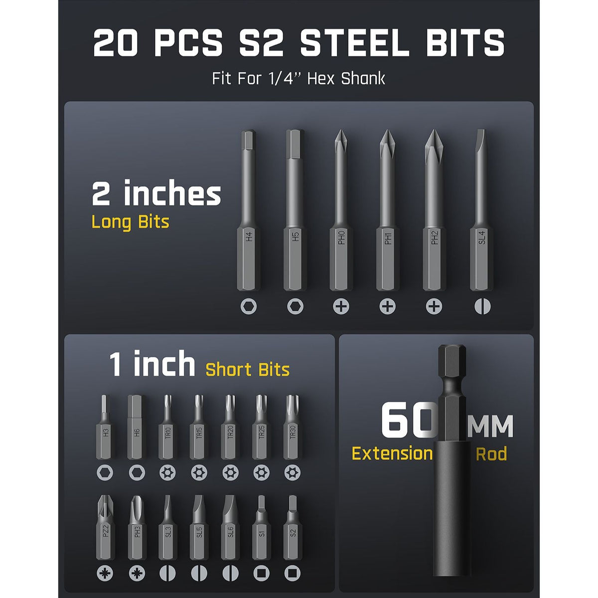 Fanttik L2 Pro: 20 S2 steel screwdriver bits, 2-inch long bits, 1-inch short bits, and 60mm extension rod for 1/4" hex shank.