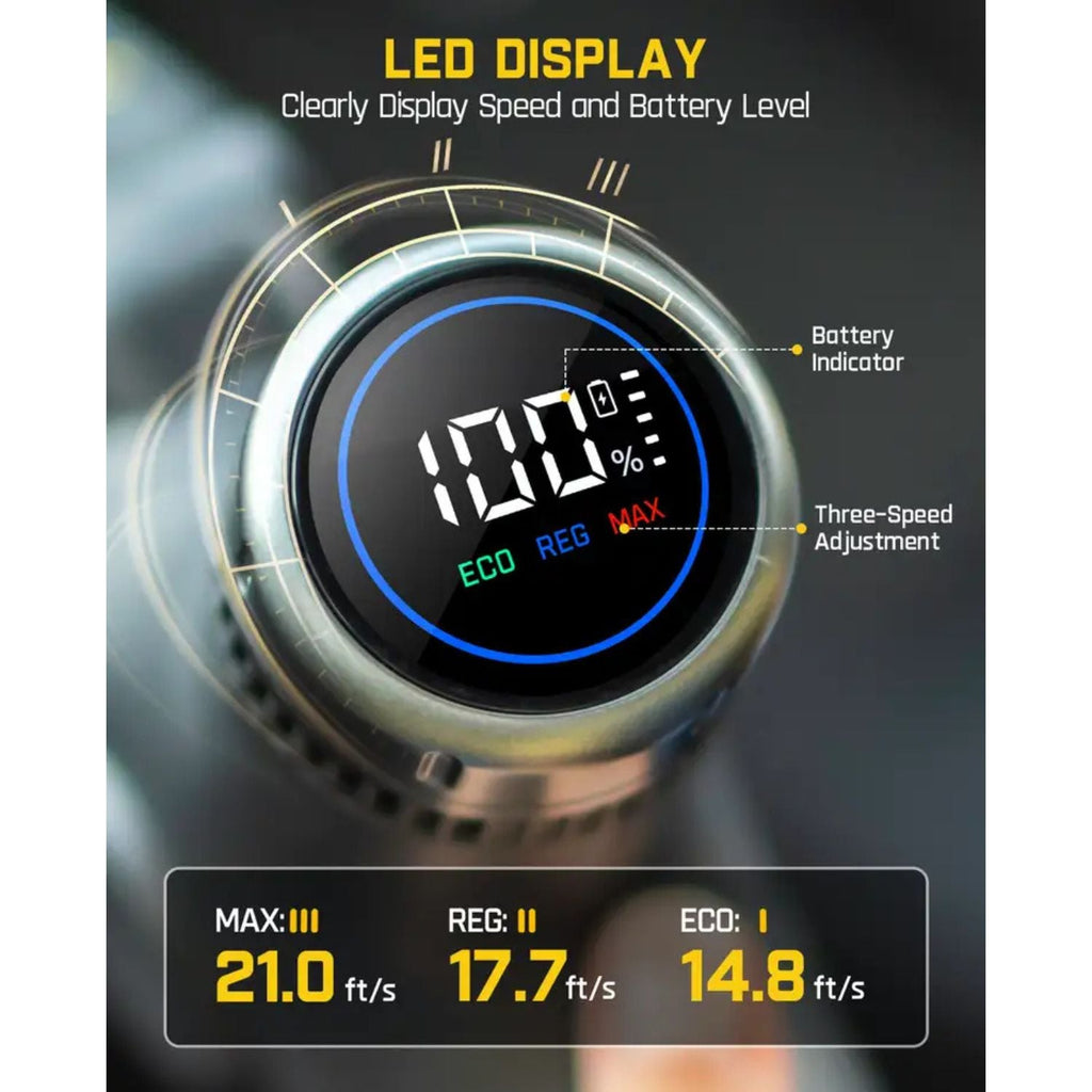 Fanttik W10 APEX LED display: 100% battery, ECO/REG/MAX modes, speeds 21.0/17.7/14.8 ft/s.