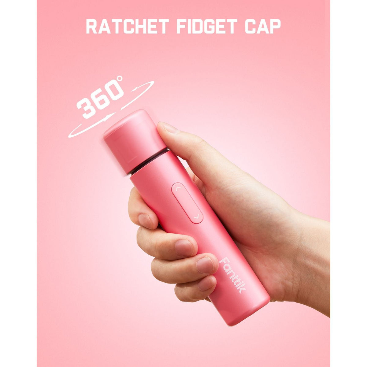 Pink Fanttik S1 Capsule cordless screwdriver with ratchet fidget cap and 360° rotation feature, held in hand.