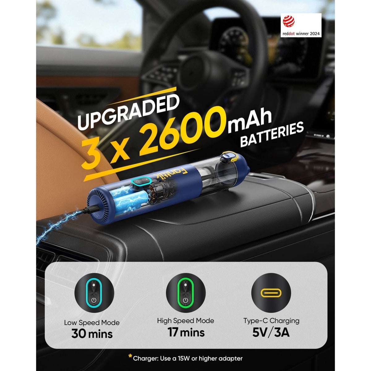 Fanttik V8 Mate cordless car vacuum with upgraded 3x2600mAh batteries, Type-C charging