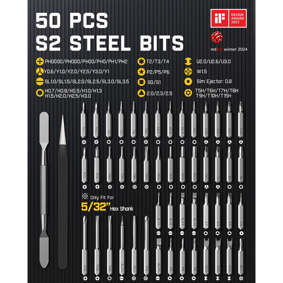 Fanttik E1 MAX 50-piece S2 steel precision screwdriver bits set, 5/32 hex shank