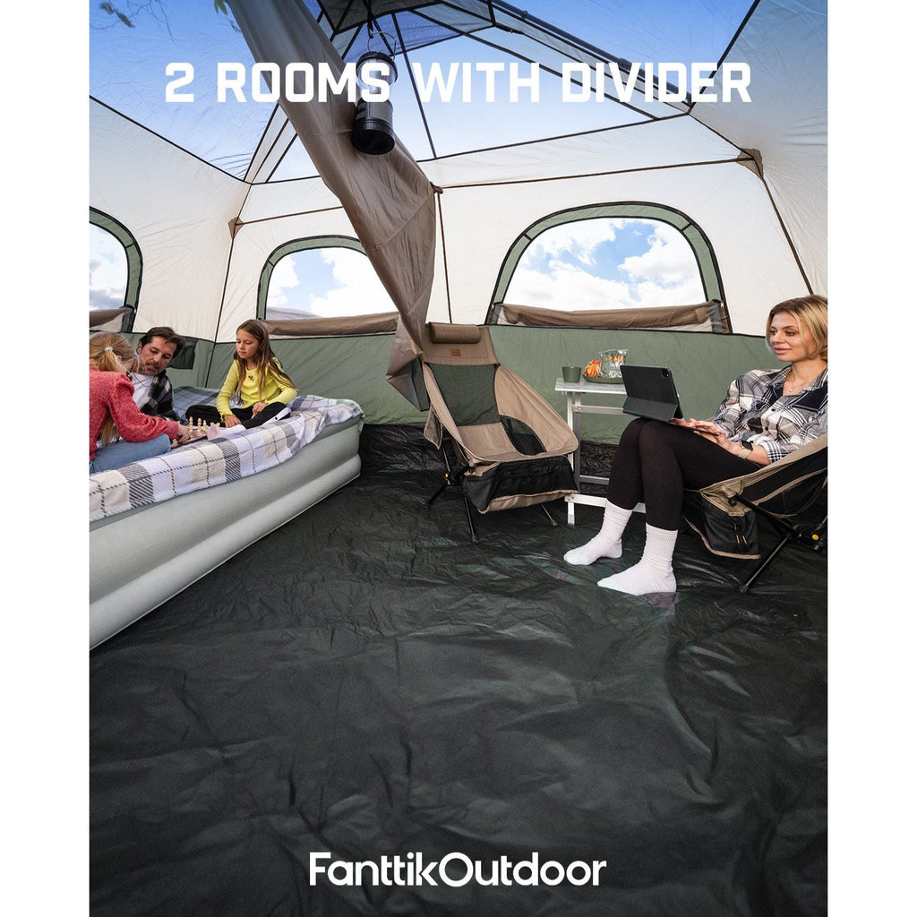 FanttikOutdoor Zeta C10 Pro 10-person tent interior, 2 rooms with divider, family camping, woman with tablet.