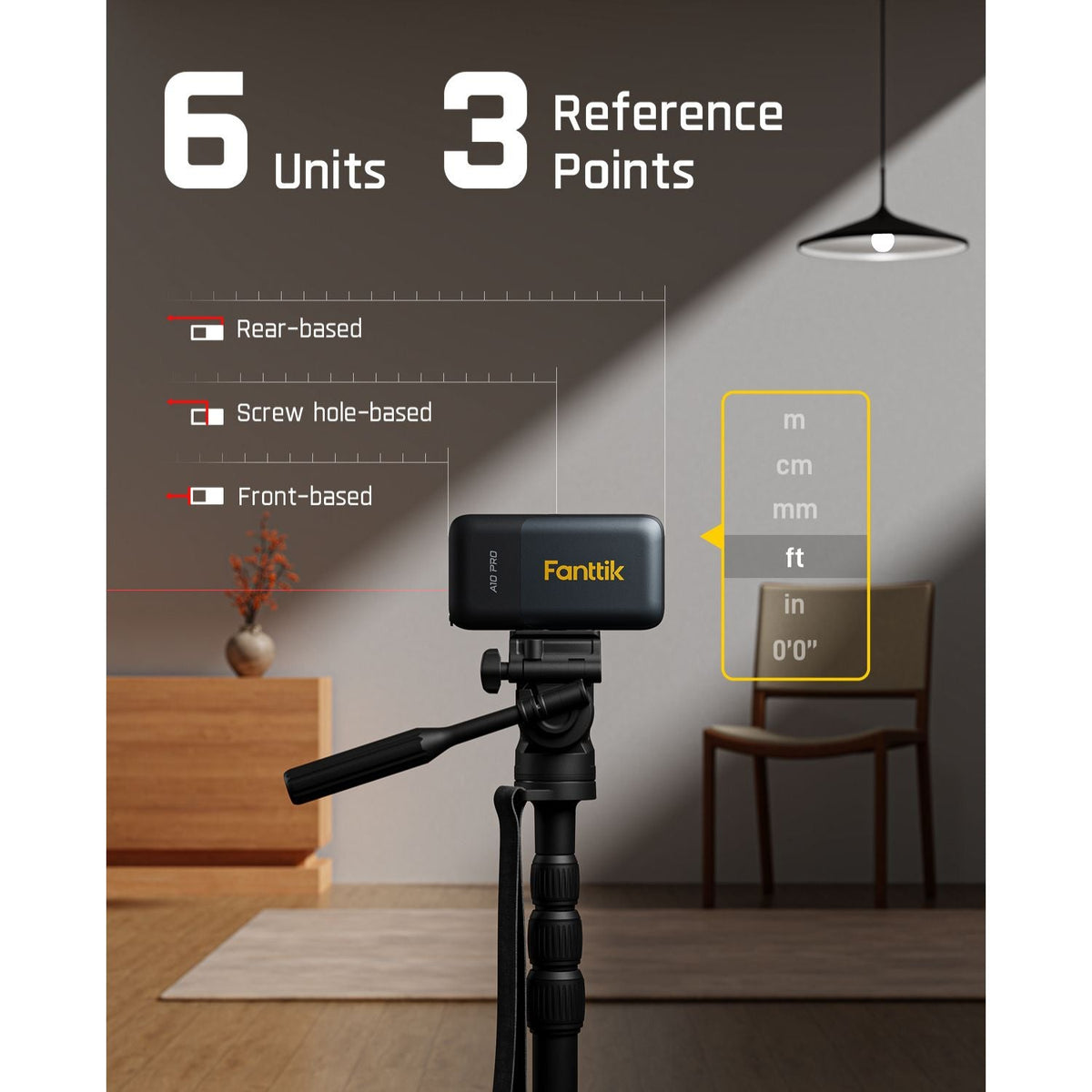 Fanttik A10 Pro: 6 units, 3 reference points (Front, Rear, Screw hole). Unit selection shows mm.