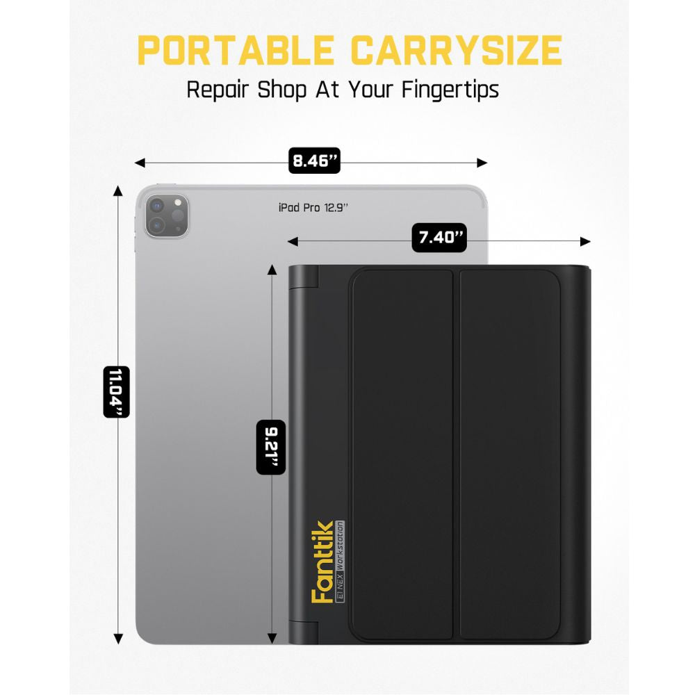 Fanttik E1 NEX Workstation portable size comparison to iPad Pro 12.9"