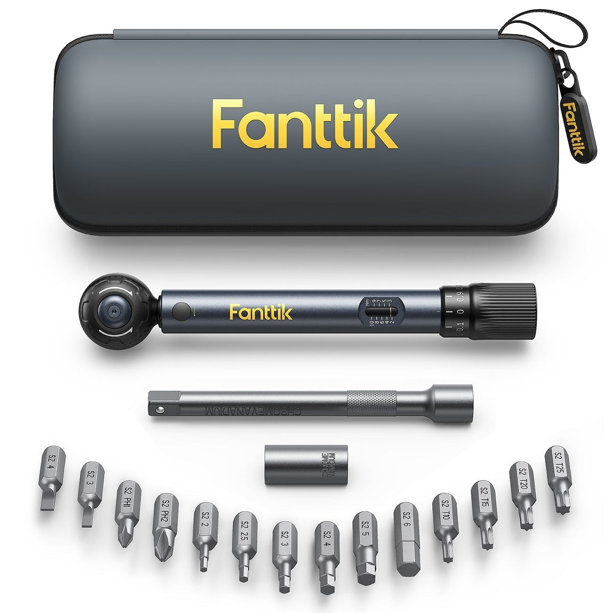 Fanttik WB10 Nova 1/4 inch drive click torque wrench set with case and 14 bits for bicycles.