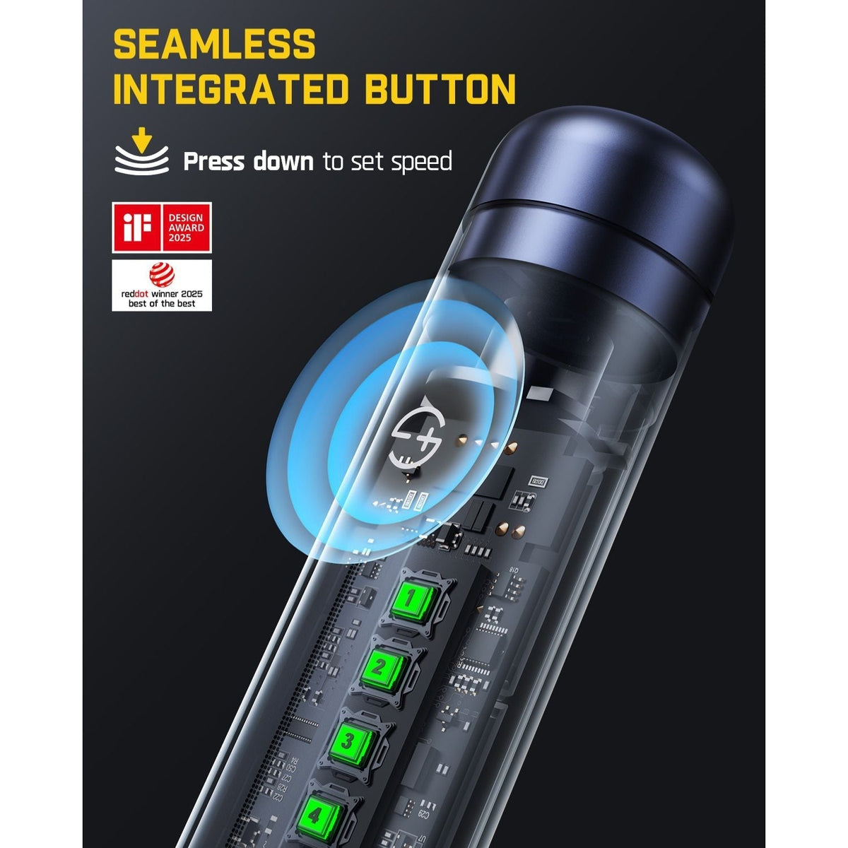 Electronic device with integrated button and circuitry on a black background
