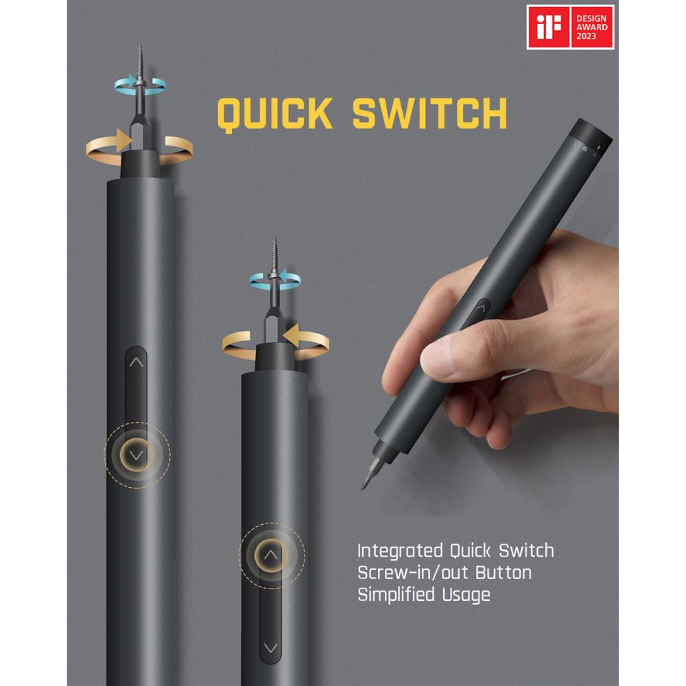 Fanttik S1 Pro power screwdriver with quick switch screw-in/out button for simplified usage, awarded iF Design Award 2023.