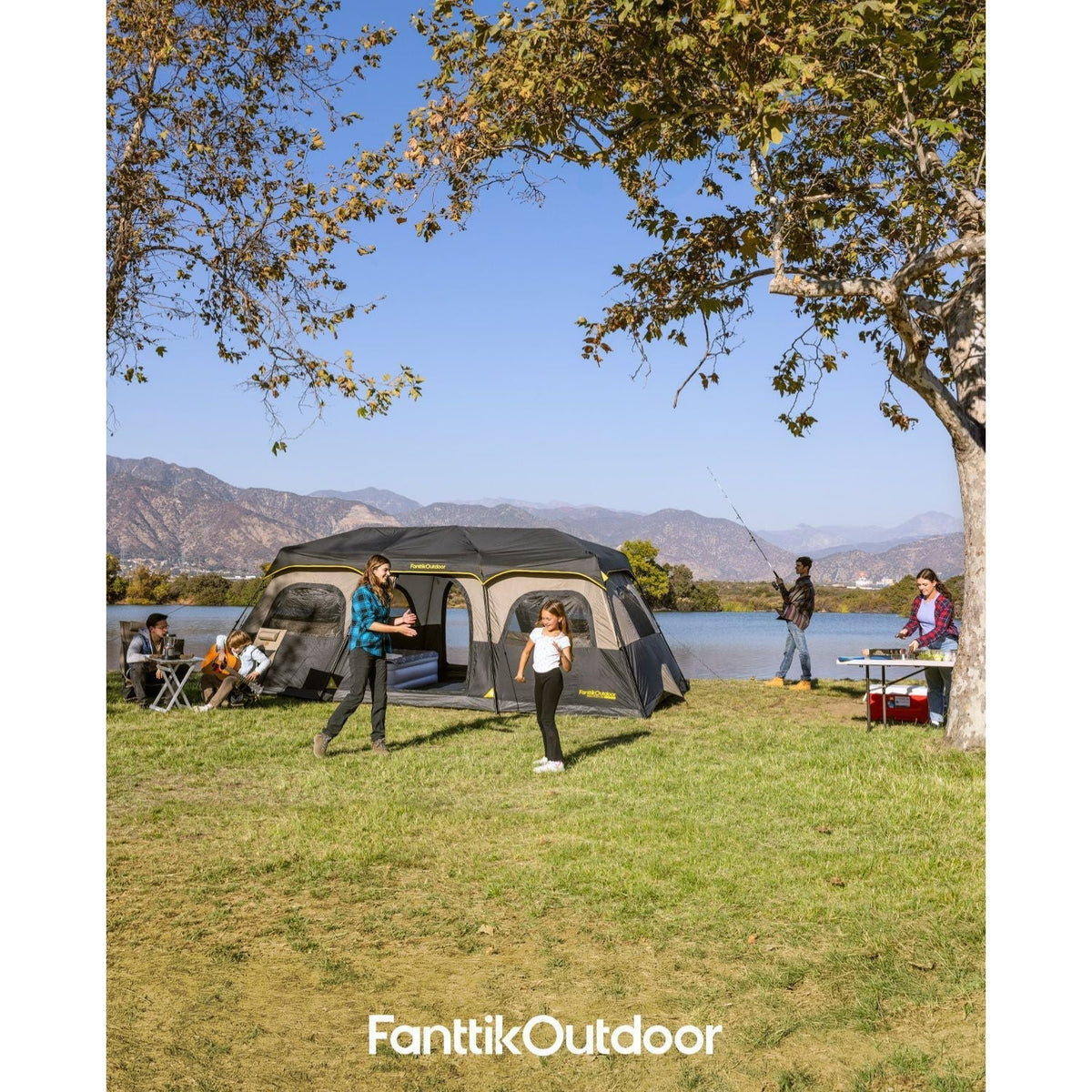 FanttikOutdoor Zeta C12 Pro Max 12 person tent by lake. Family camping, fishing, and cooking.