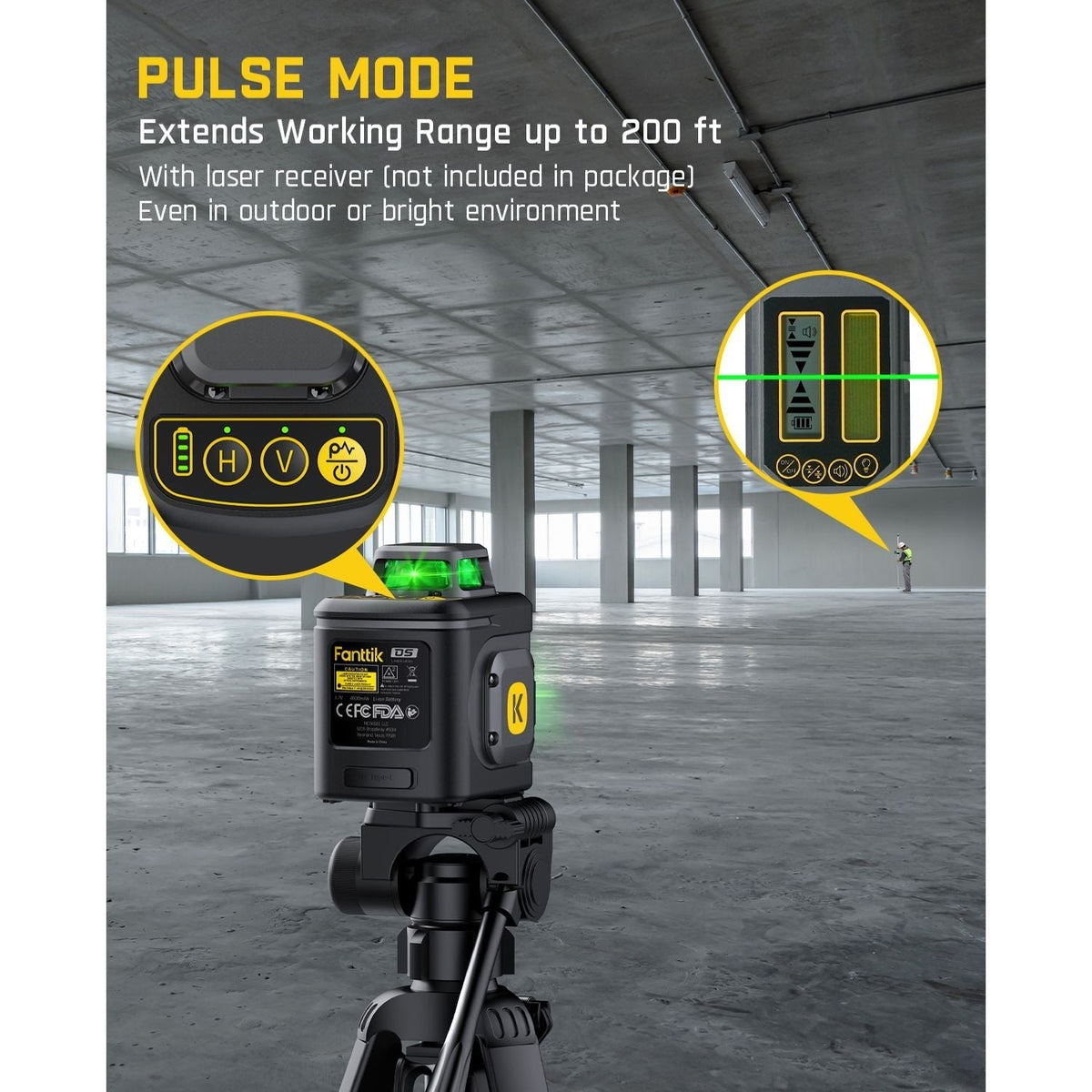 Fanttik D5 laser level in pulse mode, extending range to 200 ft with green laser lines for outdoor use.